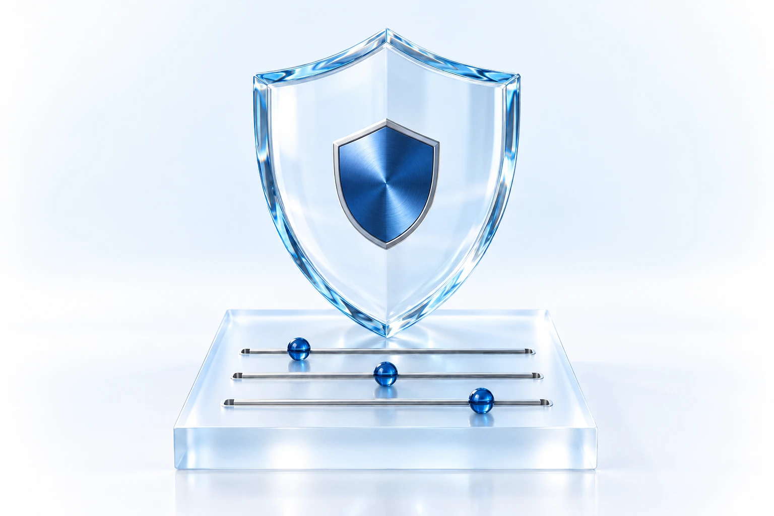 Прозрачный стеклянный щит и три точных регулятора на платформе